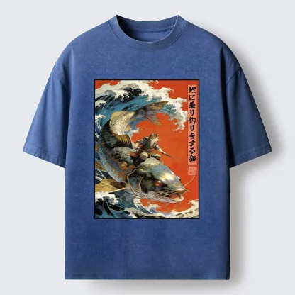 Tokyo-Tiger Ukiyo E Cat Fishing Art Washed T-Shirt