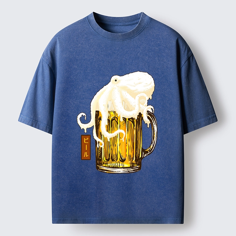 Tokyo-Tiger Octopus Foam On Cold Beer Mug Washed T-Shirt