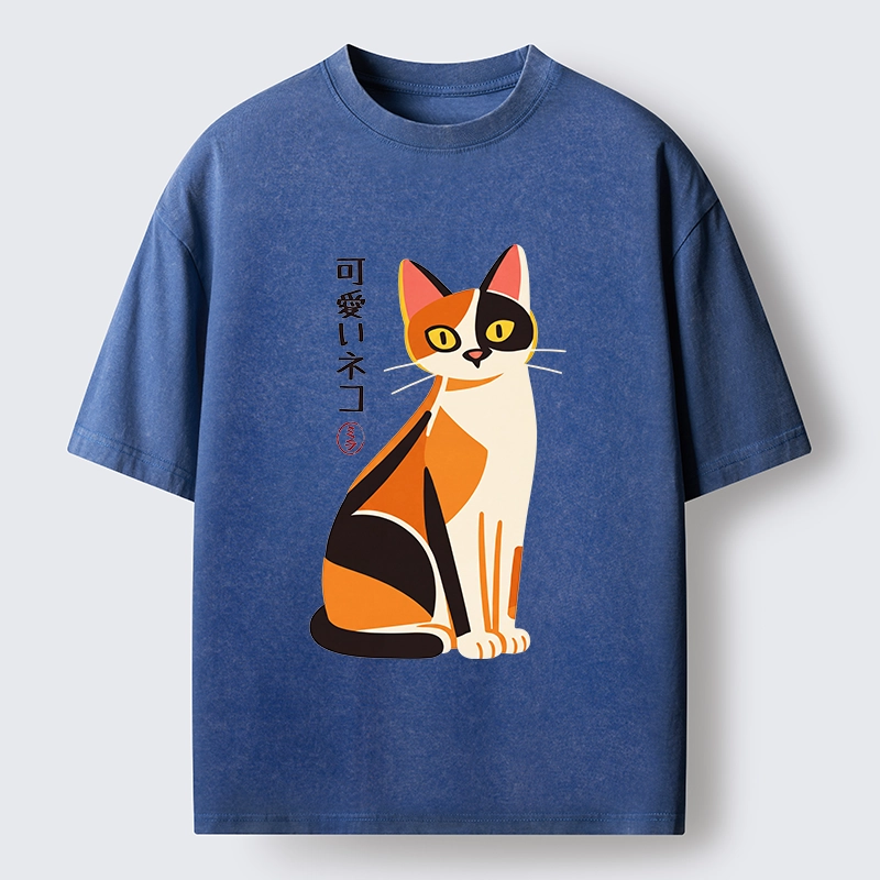 Tokyo-Tiger Cute Calico Cat Japanese Minimal Art Washed T-Shirt