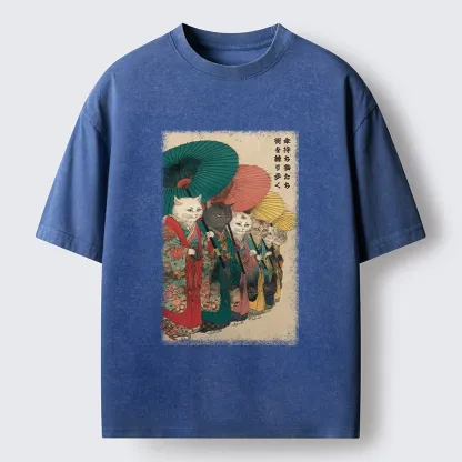 Tokyo-Tiger Kimono Cats Walk With Colorful Umbrellas Washed T-Shirt