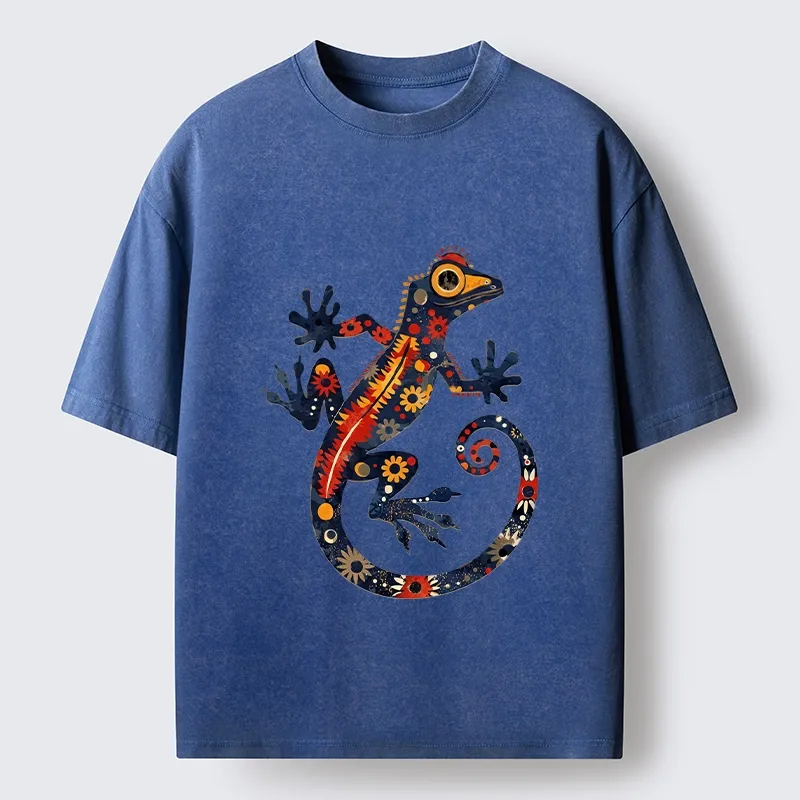Tokyo-Tiger Colorful Folk Art Gecko Full Of Flowers Washed T-Shirt