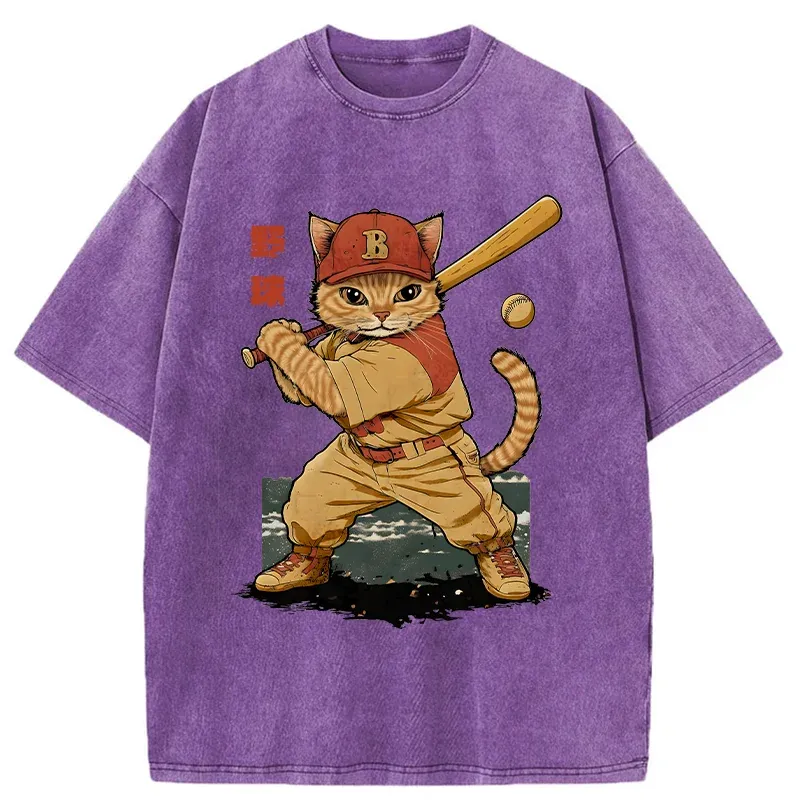 Tokyo-Tiger Baseball Cat Player Washed T-Shirt
