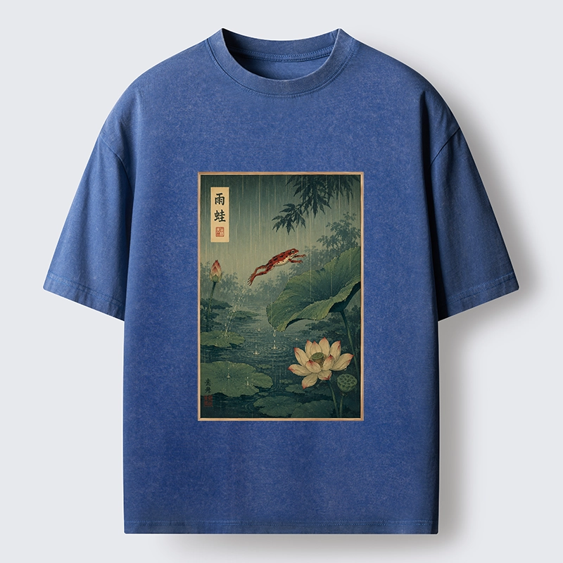 Tokyo-Tiger Vintage Asian Frog Jump Over Lotus Leaf Washed T-Shirt