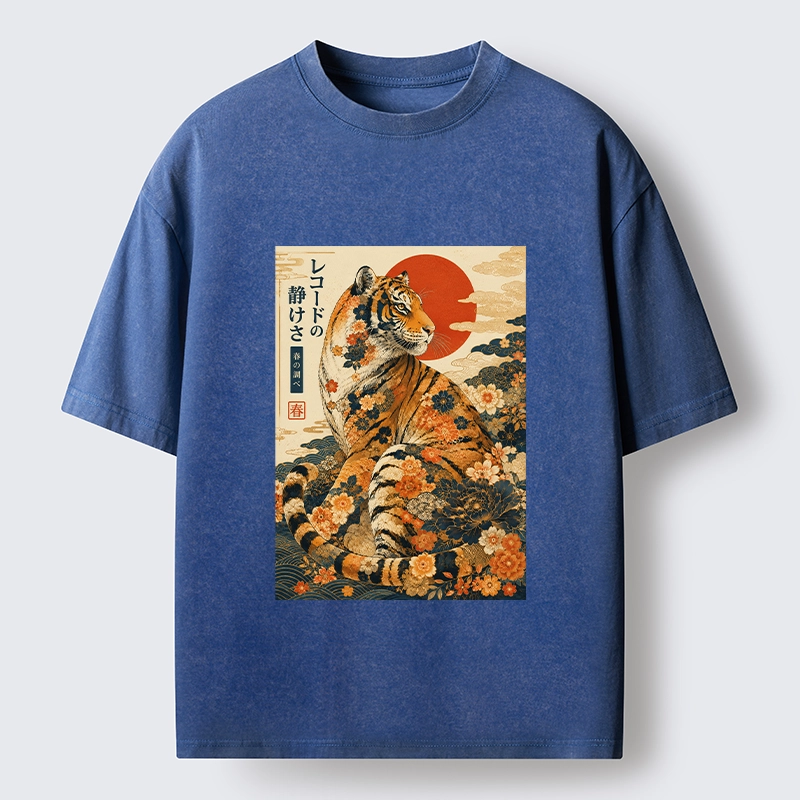 Tokyo-Tiger Vintage Floral Tiger Japanese Spring Art Washed T-Shirt