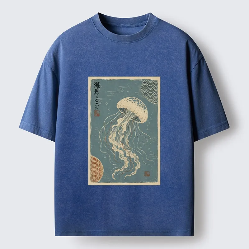 Tokyo-Tiger Vintage Blue Jellyfish Underwater Art Washed T-Shirt