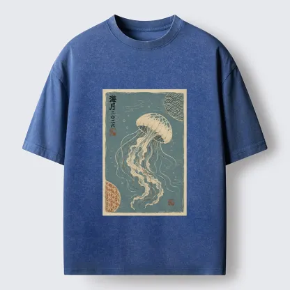 Tokyo-Tiger Vintage Blue Jellyfish Underwater Art Washed T-Shirt