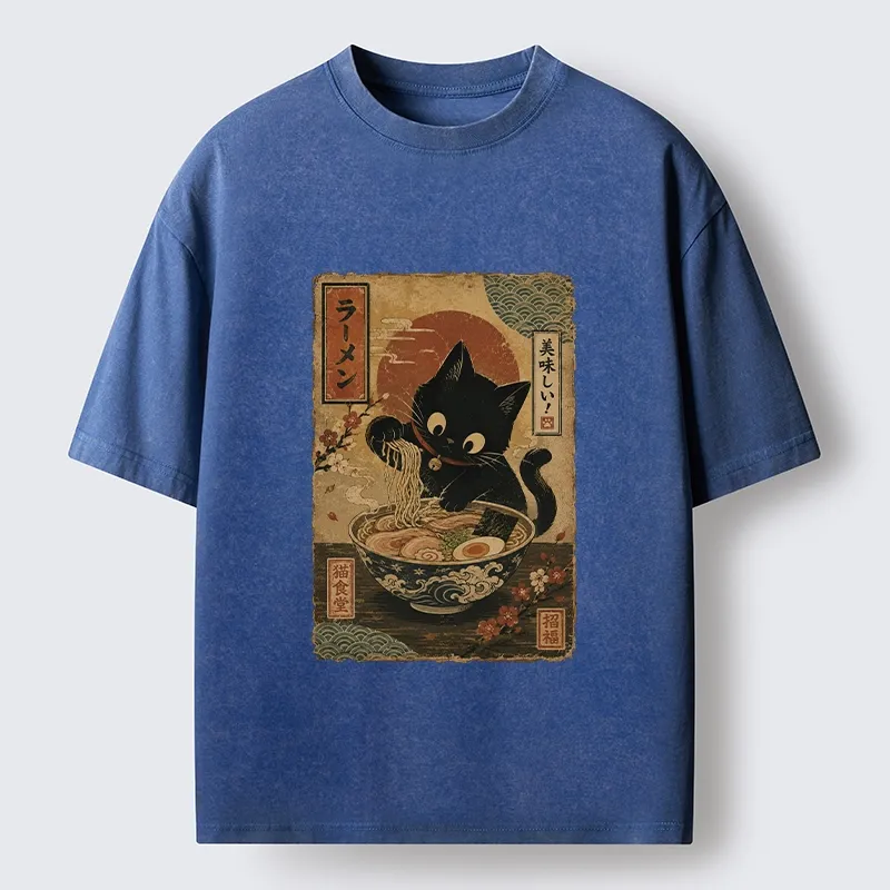 Tokyo-Tiger Japanese Cat Ramen Shop Poster Washed T-Shirt