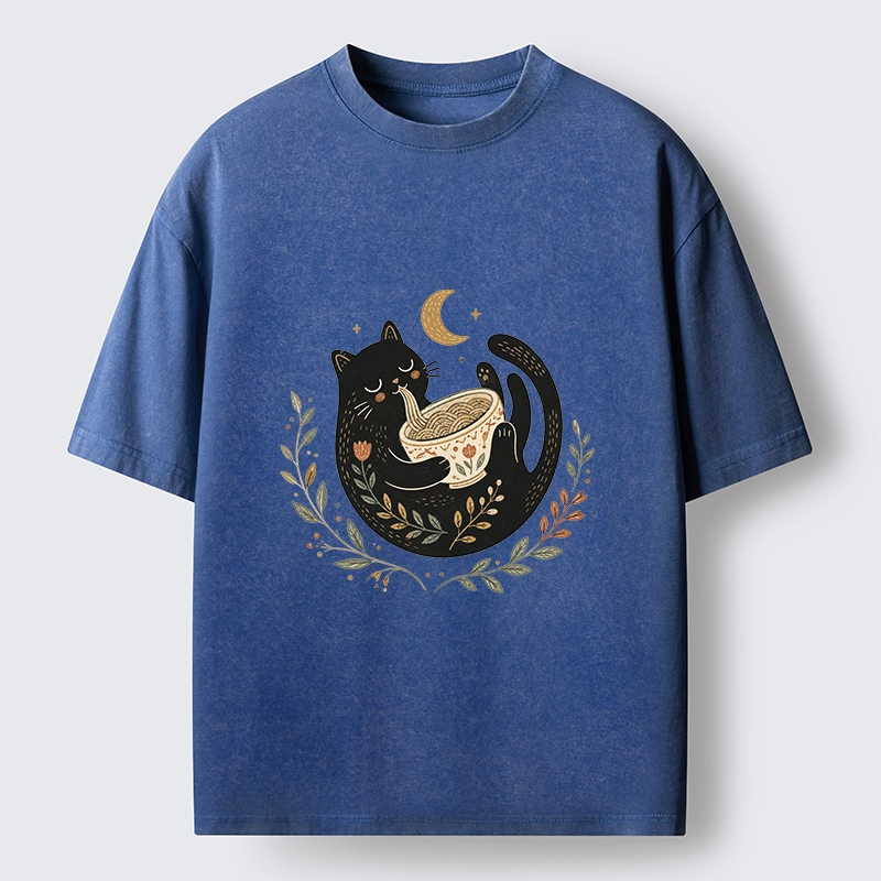 Tokyo-Tiger Soft Cute Black Cat Eat Noodle At Moon Washed T-Shirt