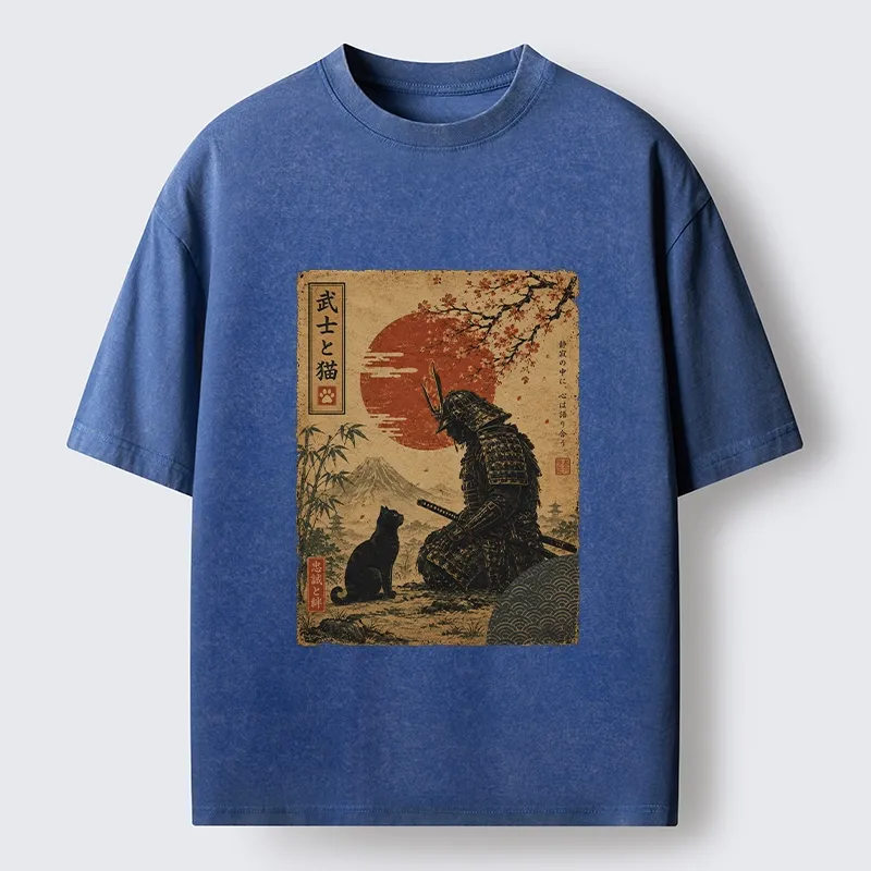 Tokyo-Tiger Samurai And Black Cat Mountain Washed T-Shirt