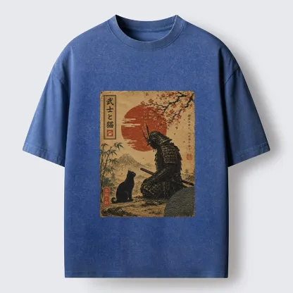 Tokyo-Tiger Samurai And Black Cat Mountain Washed T-Shirt