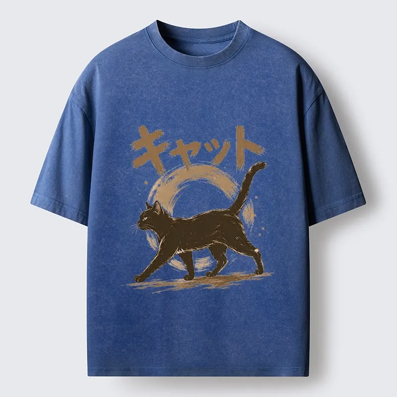 Tokyo-Tiger Retro Brush Stroke Black Cat Walking Washed T-Shirt