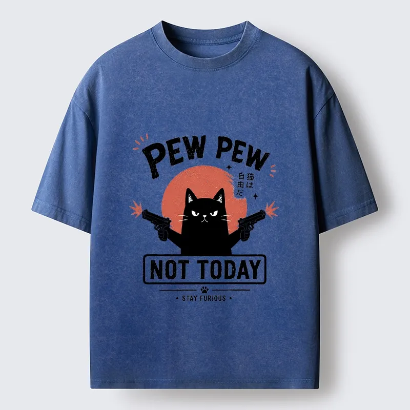 Tokyo-Tiger Not Today Black Cat Dual Pistols Mode Washed T-Shirt