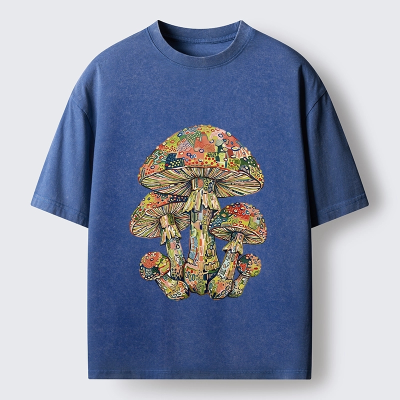 Tokyo-Tiger Tiny Black Cat Under Wild Rainbow Mushrooms Washed T-Shirt
