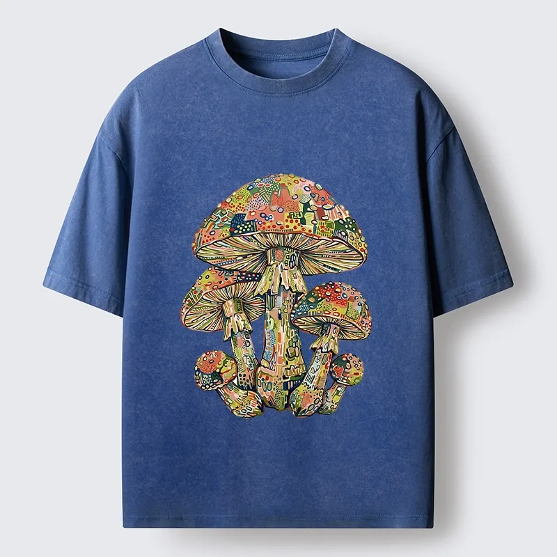 Tokyo-Tiger Tiny Black Cat Under Wild Rainbow Mushrooms Washed T-Shirt