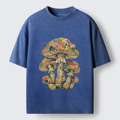 Tokyo-Tiger Tiny Black Cat Under Wild Rainbow Mushrooms Washed T-Shirt