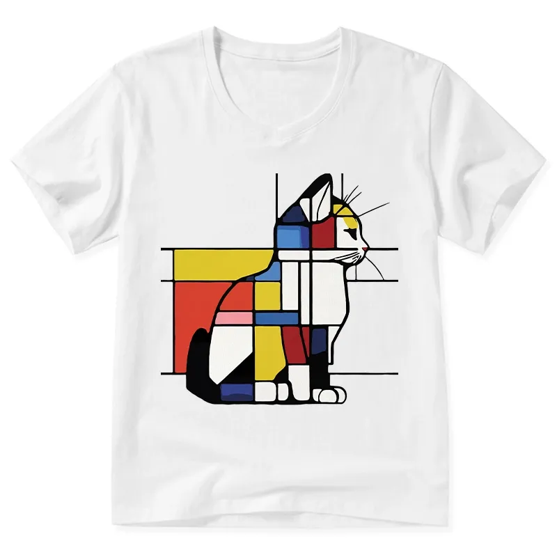 Tokyo-Tiger Geometric Cat Art In Primary Colors V-Neck Classic T-Shirt Sale