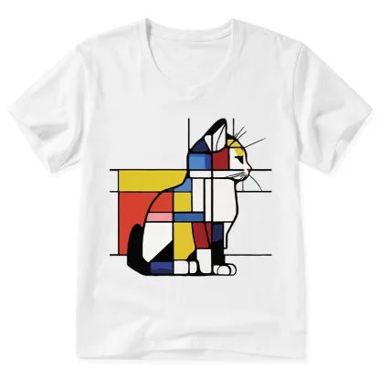 Tokyo-Tiger Geometric Cat Art In Primary Colors V-Neck Classic T-Shirt
