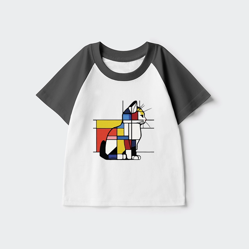 Tokyo-Tiger Geometric Cat Art In Primary Colors Kids Raglan T-shirt