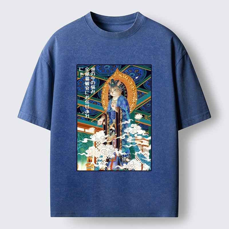 Tokyo-Tiger Peaceful Cat Buddha Asian Graphic Washed T-Shirt
