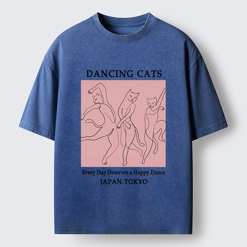 Tokyo-Tiger Happy Dance Cats Minimal Graphic Washed T-Shirt