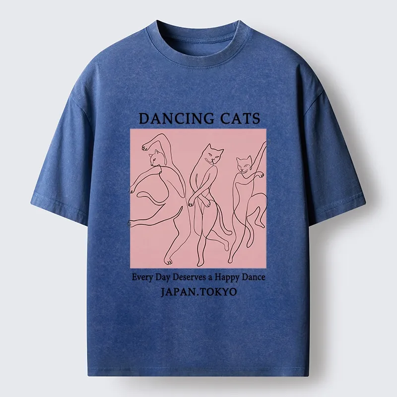 Tokyo-Tiger Happy Dance Cats Minimal Graphic Washed T-Shirt