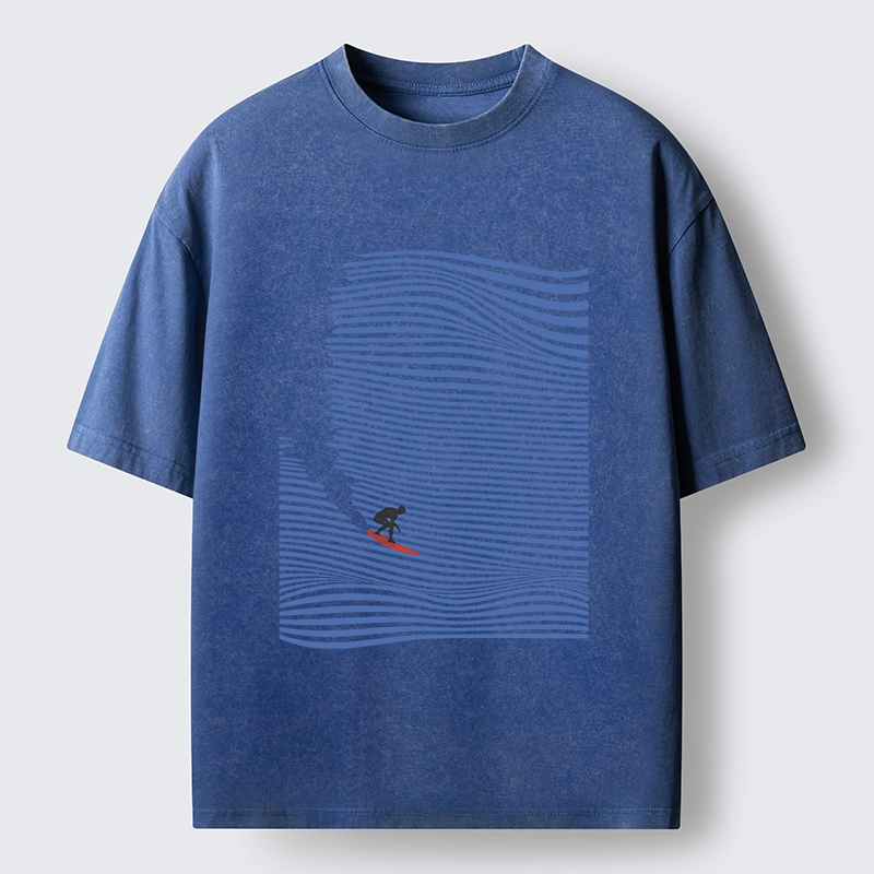 Tokyo-Tiger Ocean Line Surf Graphic Print Washed T-Shirt