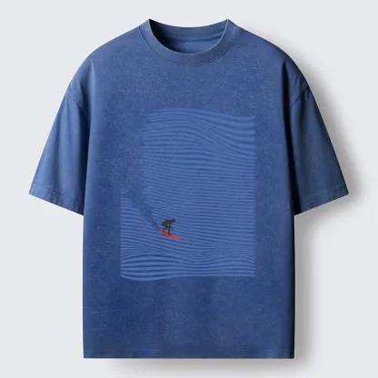 Tokyo-Tiger Ocean Line Surf Graphic Print Washed T-Shirt