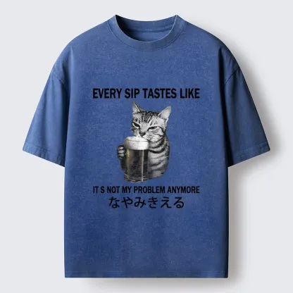 Tokyo-Tiger Chill Beer Cat Relax Graphic Washed T-Shirt