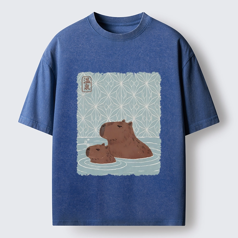 Tokyo-Tiger Onsen Capybara Calming Art Washed T-Shirt
