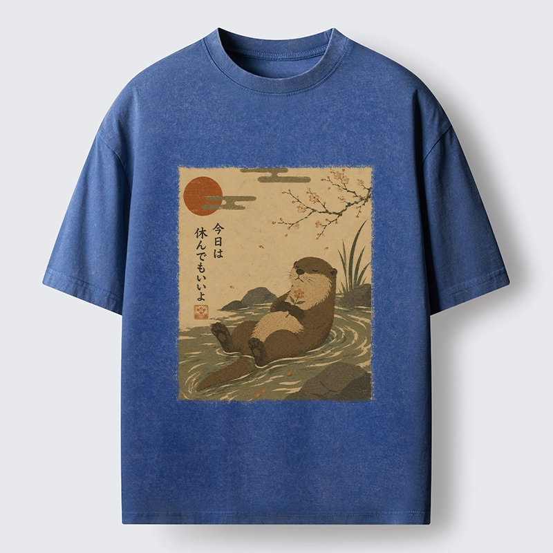 Tokyo-Tiger Floating Otter Relax Japanese Art Washed T-Shirt