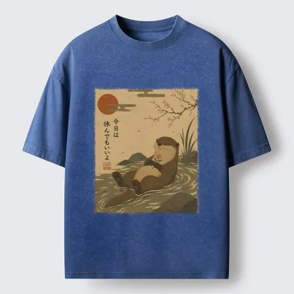 Tokyo-Tiger Floating Otter Relax Japanese Art Washed T-Shirt