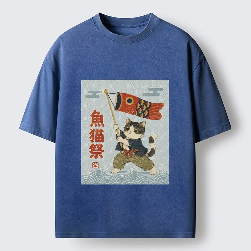 Tokyo-Tiger Koinobori Festival Cat Japanese Print Washed T-Shirt