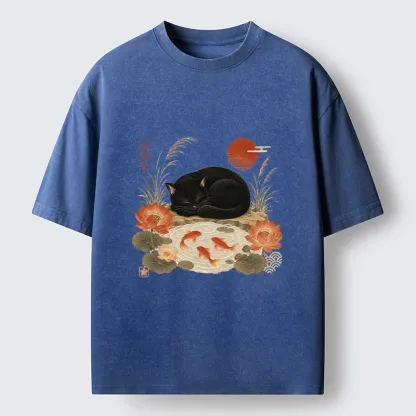 Tokyo-Tiger Peace Lotus Black Cat Koi Art Washed T-Shirt