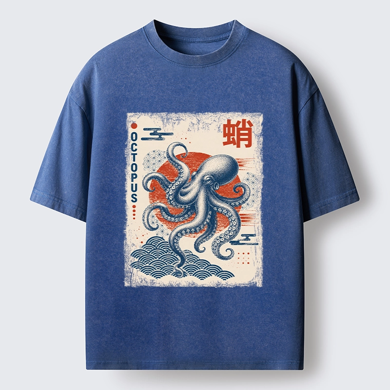 Tokyo-Tiger Vintage Japanese Octopus Wave Art Washed T-Shirt