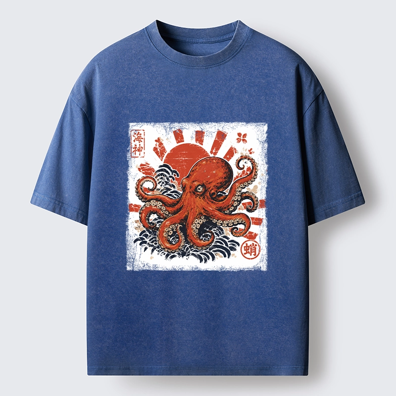 Tokyo-Tiger Bold Red Ocean Octopus Graphic Washed T-Shirt