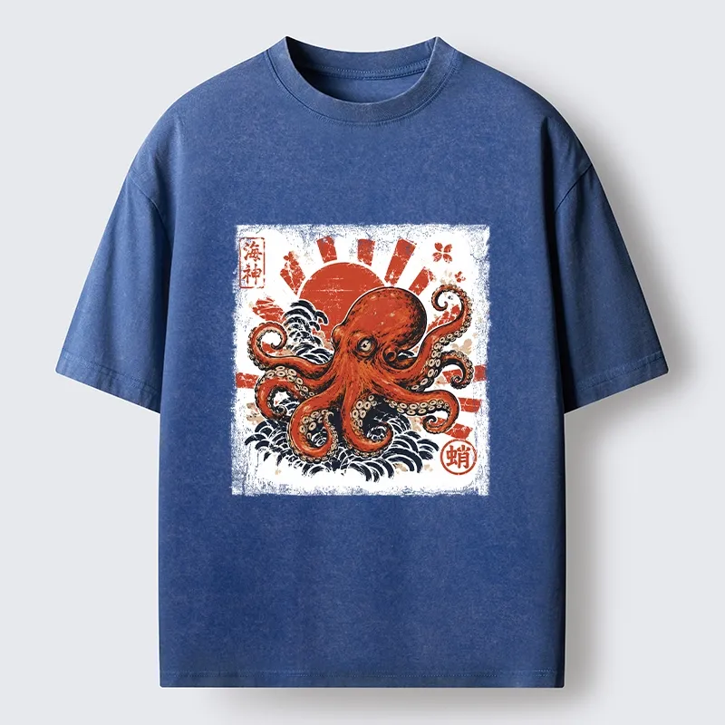 Tokyo-Tiger Bold Red Ocean Octopus Graphic Washed T-Shirt