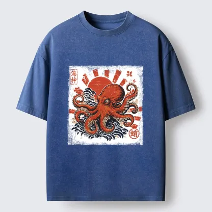 Tokyo-Tiger Bold Red Ocean Octopus Graphic Washed T-Shirt