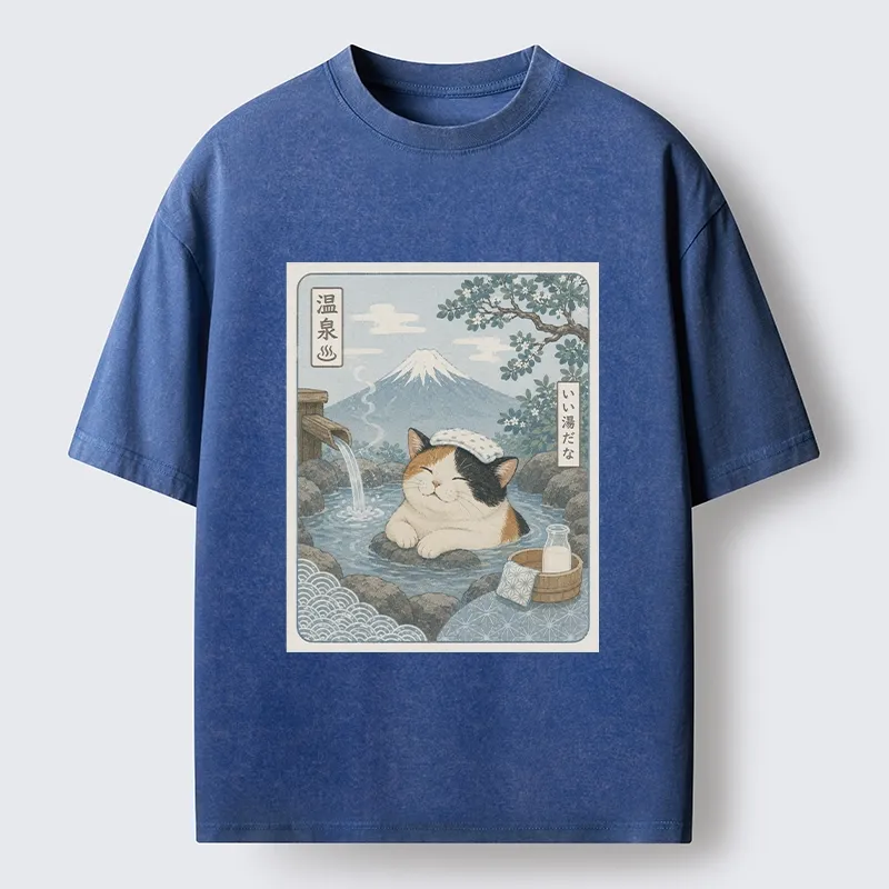 Tokyo-Tiger Mount Fuji Onsen Cat Calming Art Washed T-Shirt