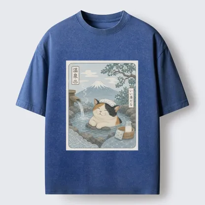 Tokyo-Tiger Mount Fuji Onsen Cat Calming Art Washed T-Shirt