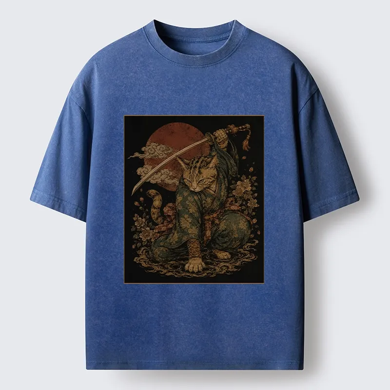 Tokyo-Tiger Samurai Cat Sword Floral Japanese Art Washed T-Shirt