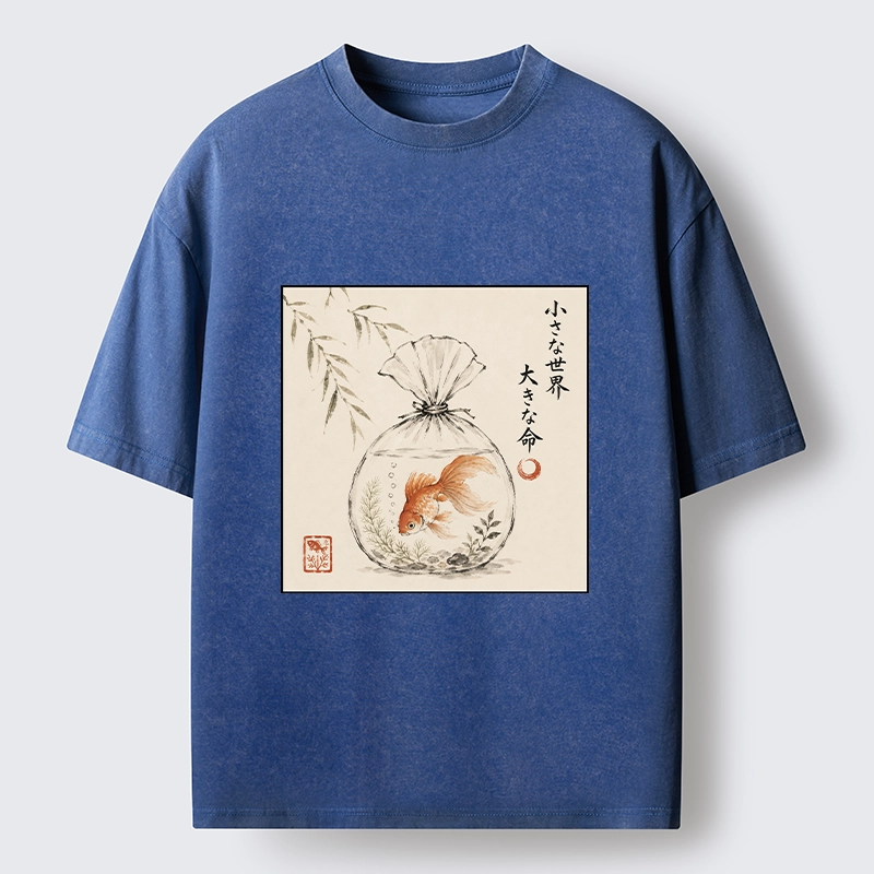 Tokyo-Tiger Goldfish Bag Minimal Ink Art Washed T-Shirt