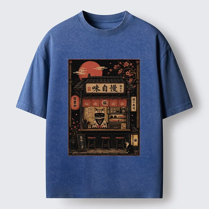 Tokyo-Tiger Cat Sushi Shop Retro Street Art Washed T-Shirt