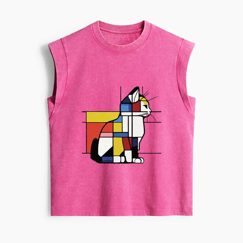 Tokyo-Tiger Geometric Cat Art In Primary Colors Women's Washed Tank Tops
