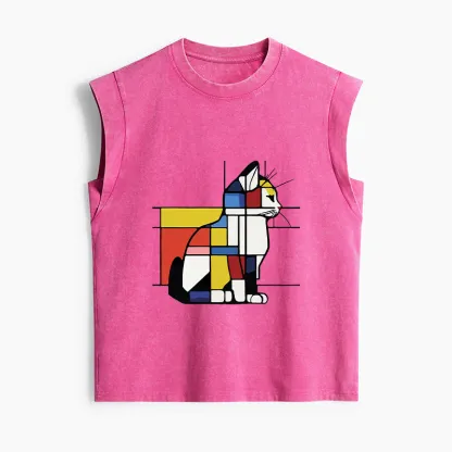 Tokyo-Tiger Geometric Cat Art In Primary Colors Women's Washed Tank Tops