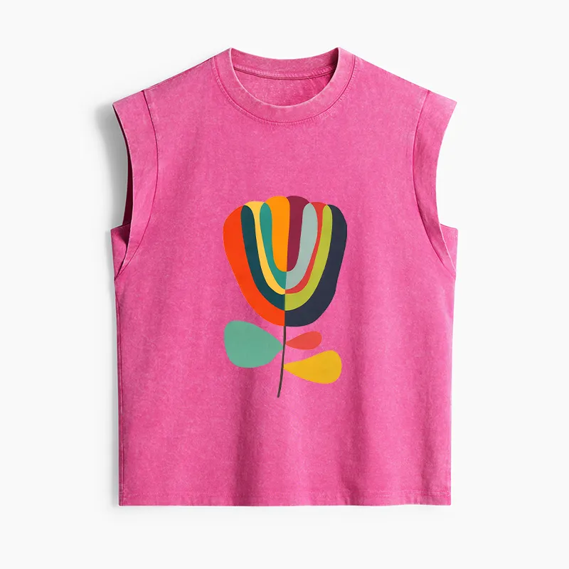 Tokyo-Tiger Colorful Flower Minimalist Print Women's Washed Tank Tops