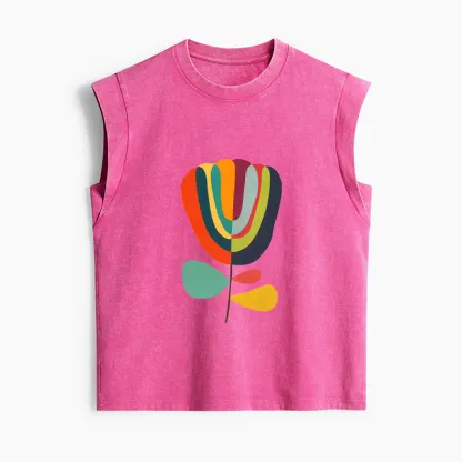 Tokyo-Tiger Colorful Flower Minimalist Print Women's Washed Tank Tops