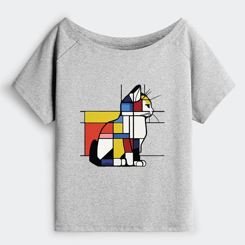 Tokyo-Tiger Geometric Cat Art In Primary Colors Off Shoulder T-Shirt
