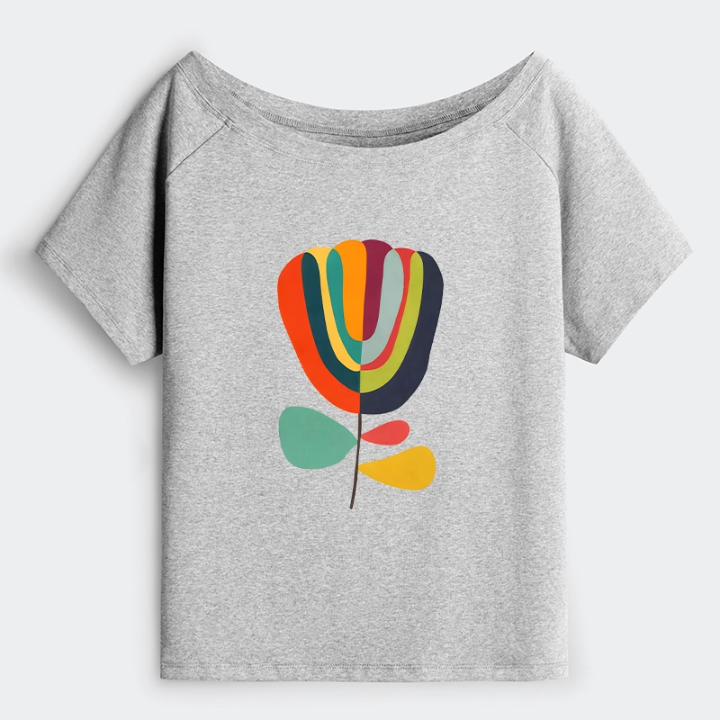Tokyo-Tiger Colorful Flower Minimalist Print Off Shoulder T-Shirt