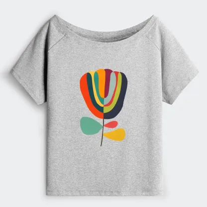 Tokyo-Tiger Colorful Flower Minimalist Print Off Shoulder T-Shirt