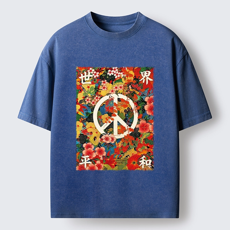 Tokyo-Tiger Bright Blooms Bring Global Calm Peace Washed T-Shirt